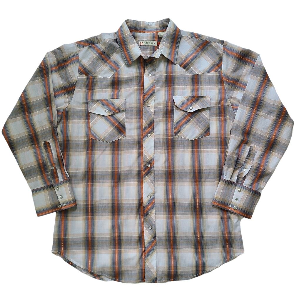 Roper sustainable cotton gray orange tangerine silver plaid Western shirt XL